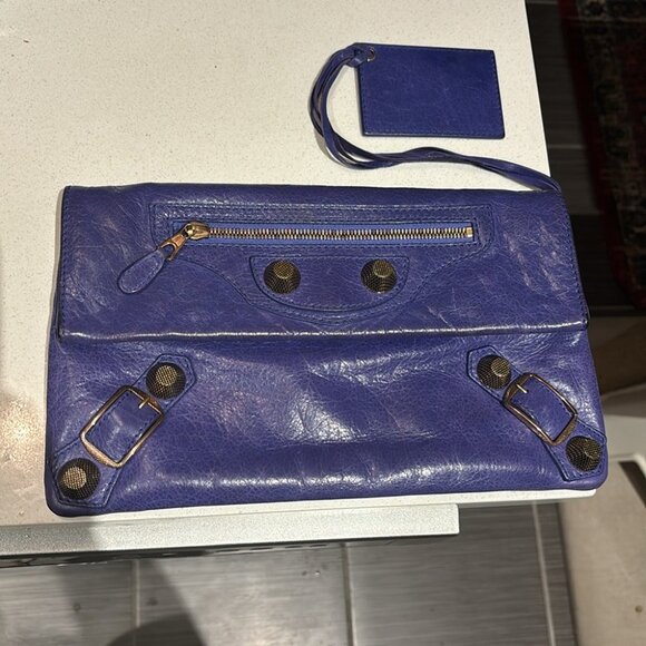 BALENCIAGA Agneau Giant 21 Rose Gold Hardware Envelope Clutch Bleu Lavande - Picture 7 of 14